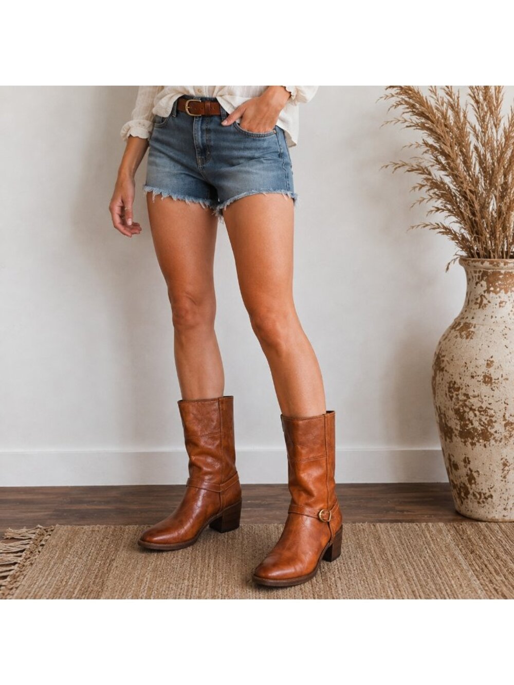 Vintage Brown Shoes Caramel Leather Mid Calf Western Harness Boots 41